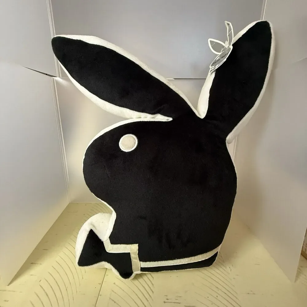 Vintage 2003 Playboy Bunny Head Shaped Pillow Black White Plush w/ Tags, Y2K
